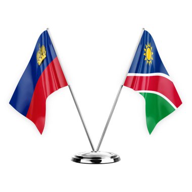 Two table flags isolated on white background 3d illustration, liechtenstein and namibia