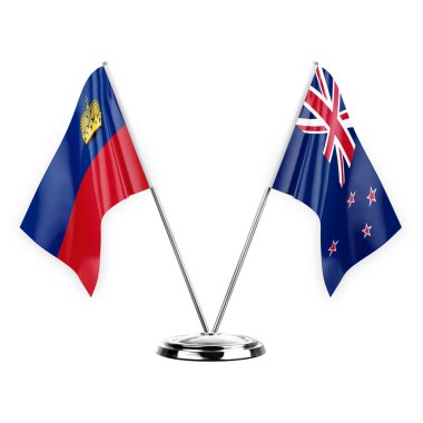 Two table flags isolated on white background 3d illustration, liechtenstein and new zealand
