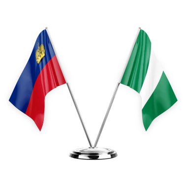 Two table flags isolated on white background 3d illustration, liechtenstein and nigeria