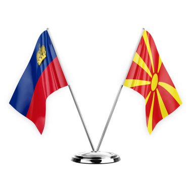 Two table flags isolated on white background 3d illustration, liechtenstein and north macedonia