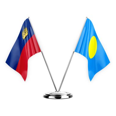 Two table flags isolated on white background 3d illustration, liechtenstein and palau
