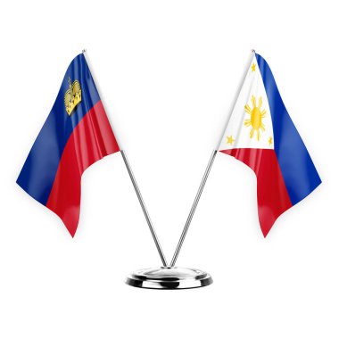 Two table flags isolated on white background 3d illustration, liechtenstein and philippines