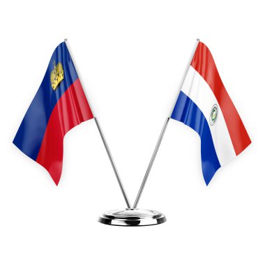 Two table flags isolated on white background 3d illustration, liechtenstein and paraguay