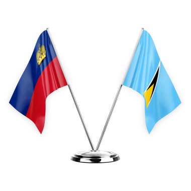 Two table flags isolated on white background 3d illustration, liechtenstein and saint lucia