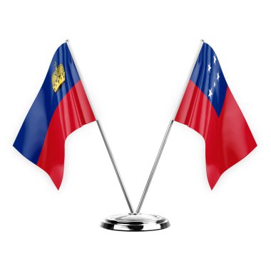 Two table flags isolated on white background 3d illustration, liechtenstein and samoa