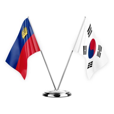 Two table flags isolated on white background 3d illustration, liechtenstein and south korea