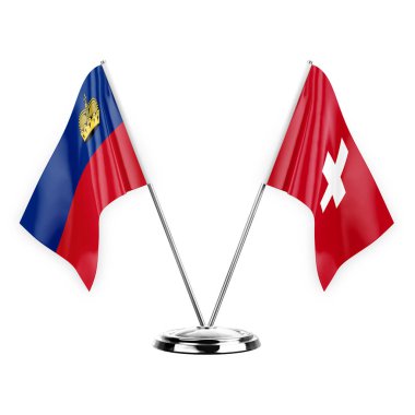 Two table flags isolated on white background 3d illustration, liechtenstein and switzerland