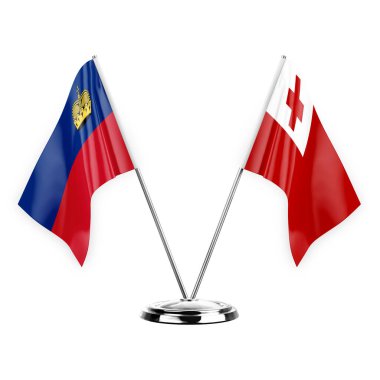 Two table flags isolated on white background 3d illustration, liechtenstein and tonga