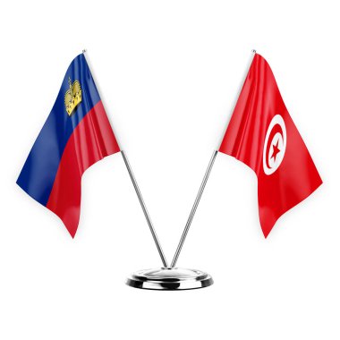 Two table flags isolated on white background 3d illustration, liechtenstein and tunisia