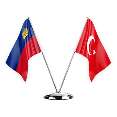 Two table flags isolated on white background 3d illustration, liechtenstein and turkey