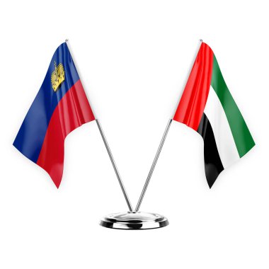 Two table flags isolated on white background 3d illustration, liechtenstein and united arab emirates