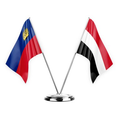 Two table flags isolated on white background 3d illustration, liechtenstein and yemen