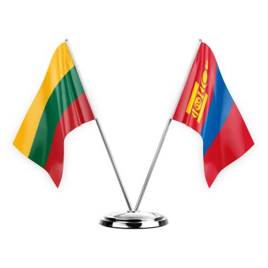 Two table flags isolated on white background 3d illustration, lithuania and mongolia