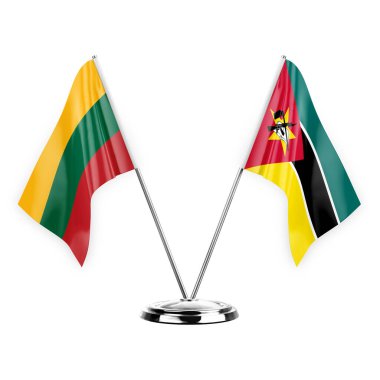 Two table flags isolated on white background 3d illustration, lithuania and mozambique