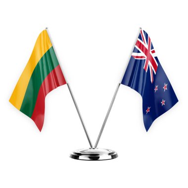 Two table flags isolated on white background 3d illustration, lithuania and new zealand
