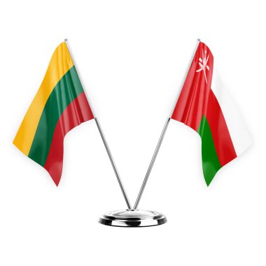 Two table flags isolated on white background 3d illustration, lithuania and oman