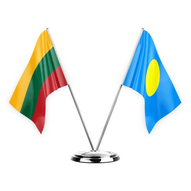 Two table flags isolated on white background 3d illustration, lithuania and palau
