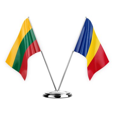Two table flags isolated on white background 3d illustration, lithuania and romania