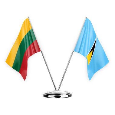 Two table flags isolated on white background 3d illustration, lithuania and saint lucia
