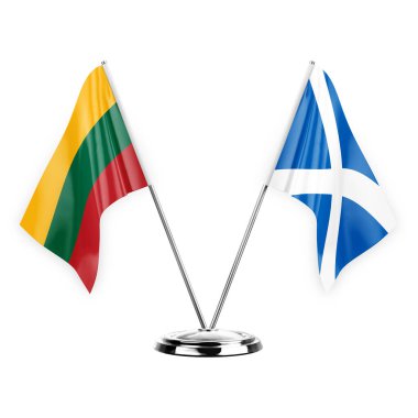 Two table flags isolated on white background 3d illustration, lithuania and scotland