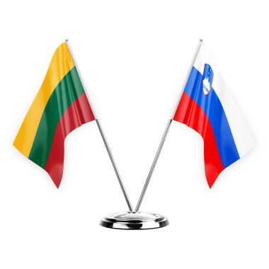 Two table flags isolated on white background 3d illustration, lithuania and slovenia