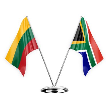 Two table flags isolated on white background 3d illustration, lithuania and south africa