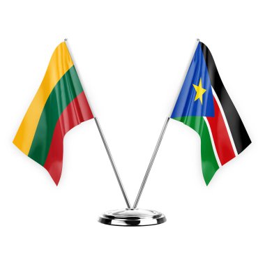 Two table flags isolated on white background 3d illustration, lithuania and south sudan