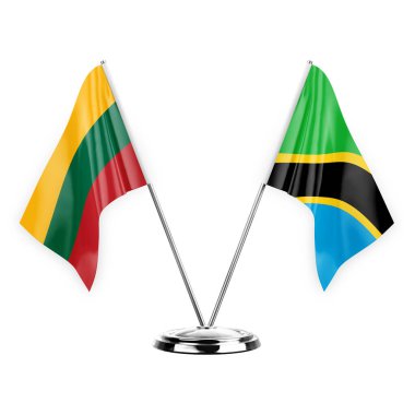 Two table flags isolated on white background 3d illustration, lithuania and tanzania