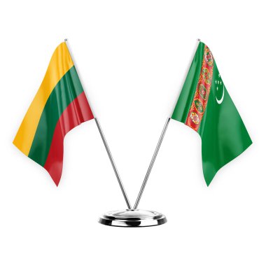 Two table flags isolated on white background 3d illustration, lithuania and turkmenistan