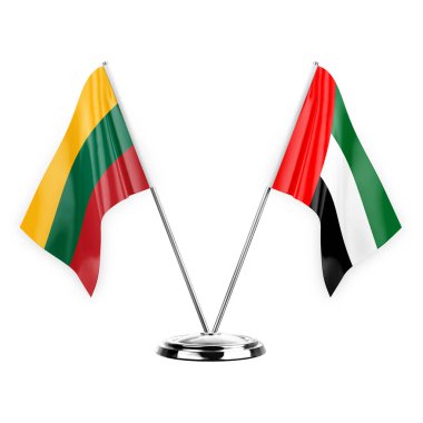 Two table flags isolated on white background 3d illustration, lithuania and united arab emirates