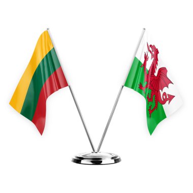 Two table flags isolated on white background 3d illustration, lithuania and wales