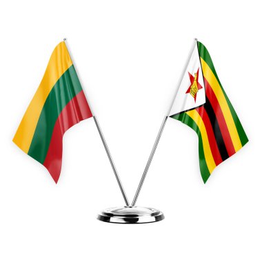 Two table flags isolated on white background 3d illustration, lithuania and zimbabwe