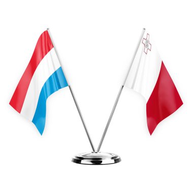 Two table flags isolated on white background 3d illustration, luxembourg and malta