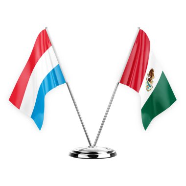 Two table flags isolated on white background 3d illustration, luxembourg and mexico