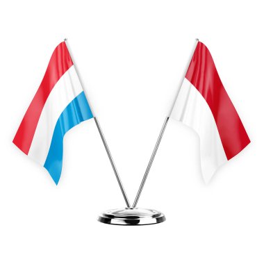 Two table flags isolated on white background 3d illustration, luxembourg and monaco