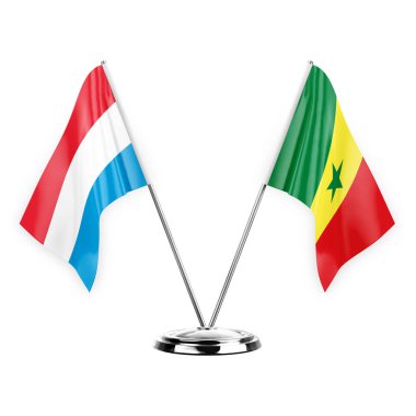 Two table flags isolated on white background 3d illustration, luxembourg and senegal
