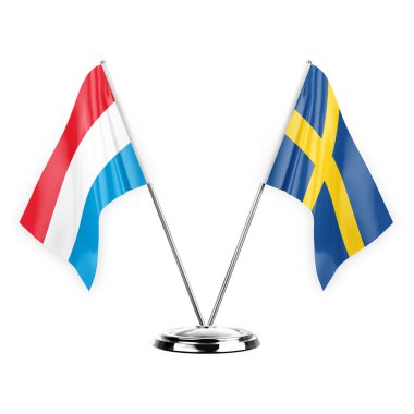Two table flags isolated on white background 3d illustration, luxembourg and sweden