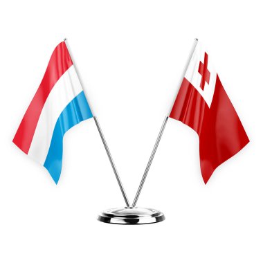 Two table flags isolated on white background 3d illustration, luxembourg and tonga