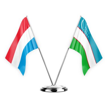Two table flags isolated on white background 3d illustration, luxembourg and uzbekistan