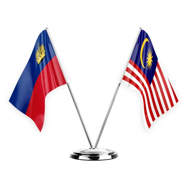 Two Table Flags Isolated White Background Illustration Liechtenstein Malaysia — стоковое фото