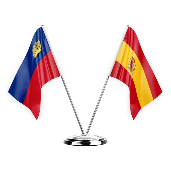 Two Table Flags Isolated White Background Illustration Liechtenstein Spain — Fotografia de Stock