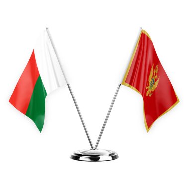 Two table flags isolated on white background 3d illustration, madagascar and montenegro