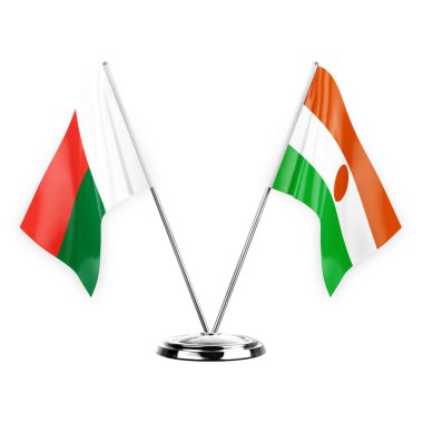 Two table flags isolated on white background 3d illustration, madagascar and niger