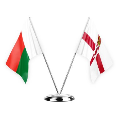 Two table flags isolated on white background 3d illustration, madagascar and ireland