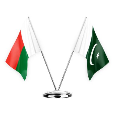 Two table flags isolated on white background 3d illustration, madagascar and pakistan