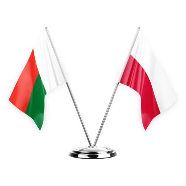 Two table flags isolated on white background 3d illustration, madagascar and poland