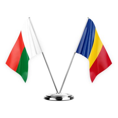 Two table flags isolated on white background 3d illustration, madagascar and romania