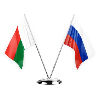 Two table flags isolated on white background 3d illustration, madagascar and russia