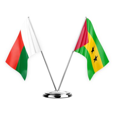 Two table flags isolated on white background 3d illustration, madagascar and sao tome and principe