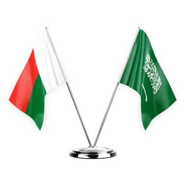 Two table flags isolated on white background 3d illustration, madagascar and saudi arabia